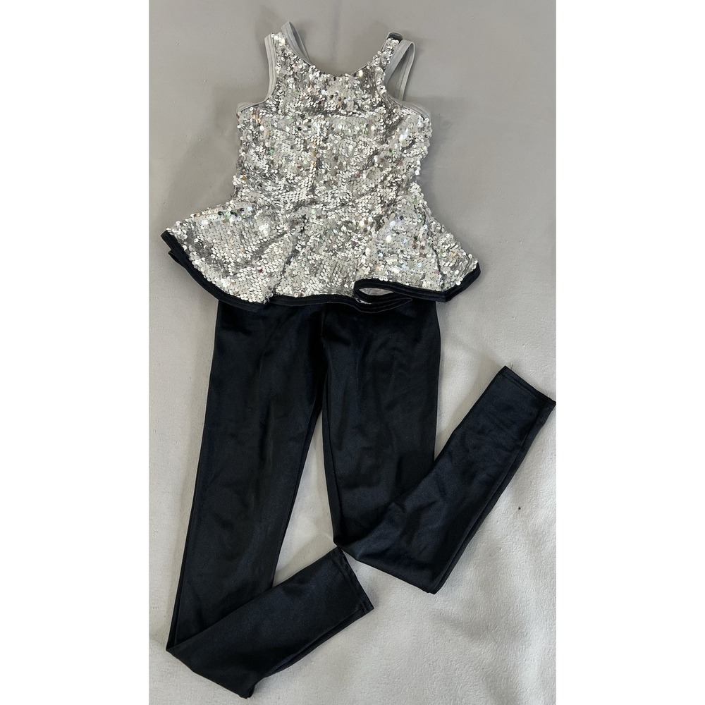 Weissman Girls Jumpsuit Dancewear Sequin Silver Black Sz IC‎ 7/8